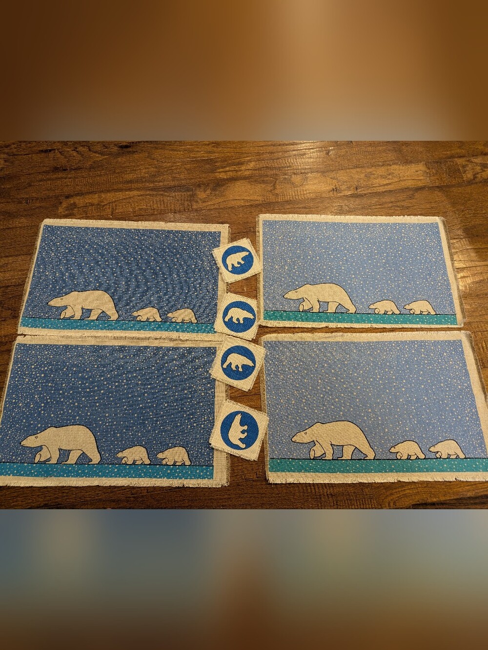 Vintage Skemo Canada Polar Bear Placemat & Coaster Set Of 4 in Blue Teal & White